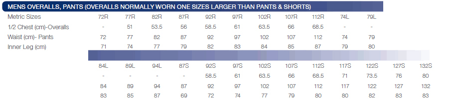 size chart for mens overalls pants