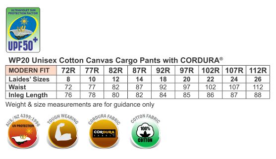 size chart for work pants